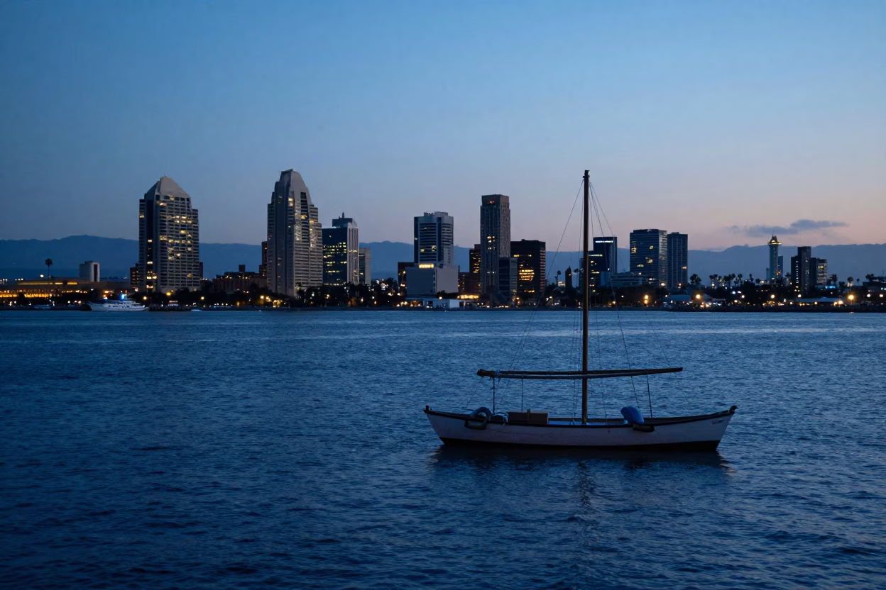 San Diego Harbor Evening Blue Light with Dhow and Coastal Details in in San Diego, California, United States