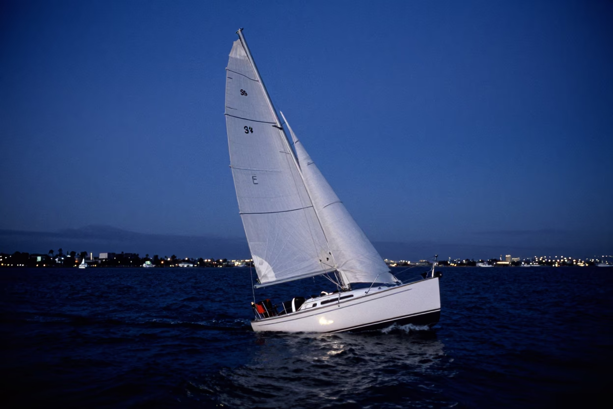 San Diego Harbor Evening Sailboat Heeling in Wind Blue Light in in San Diego, California, United States