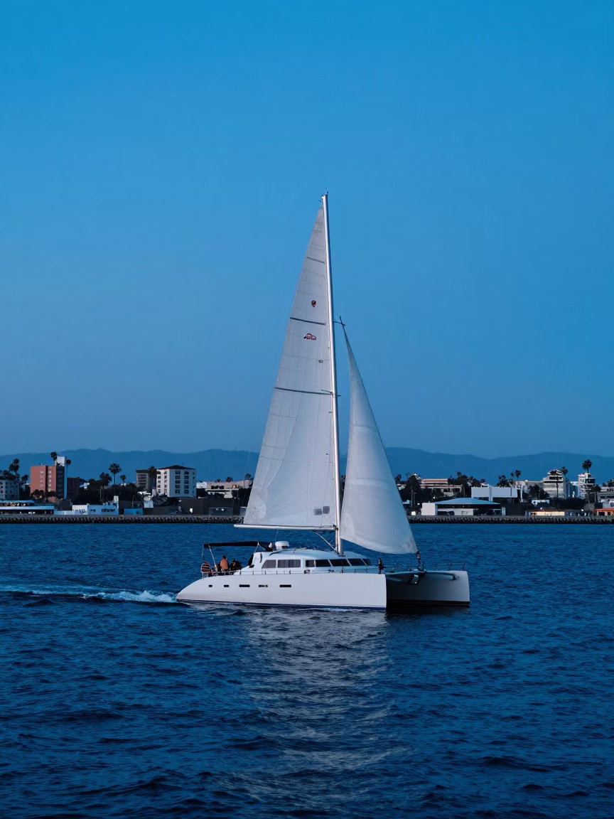 San Diego Harbor Evening with Catamaran Sailing in Blue Twilight Light in in San Diego, California, United States