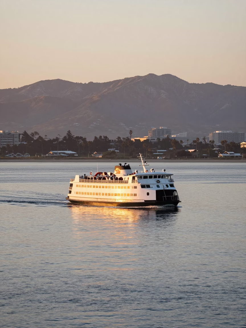 San Diego Harbor Ferry Departing at Dawn with Coastal Mountains and Paperbacks on Bench in in San Diego, California, United States