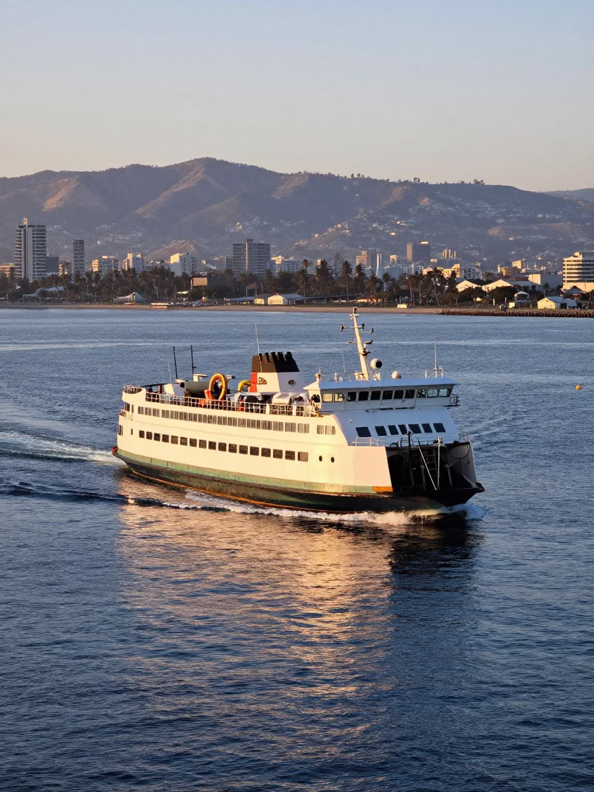 San Diego Harbor Ferry Departing at Sunrise with Coastal Mountain Backdrop in in San Diego, California, United States