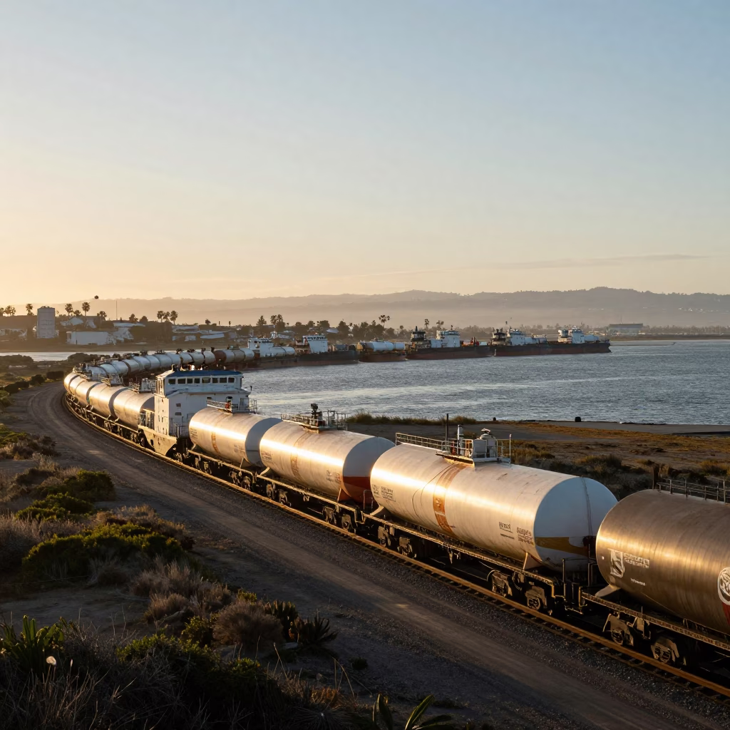 San Diego Harbor First Light Freight Train Oil Tankers California Coast in in San Diego, California, United States