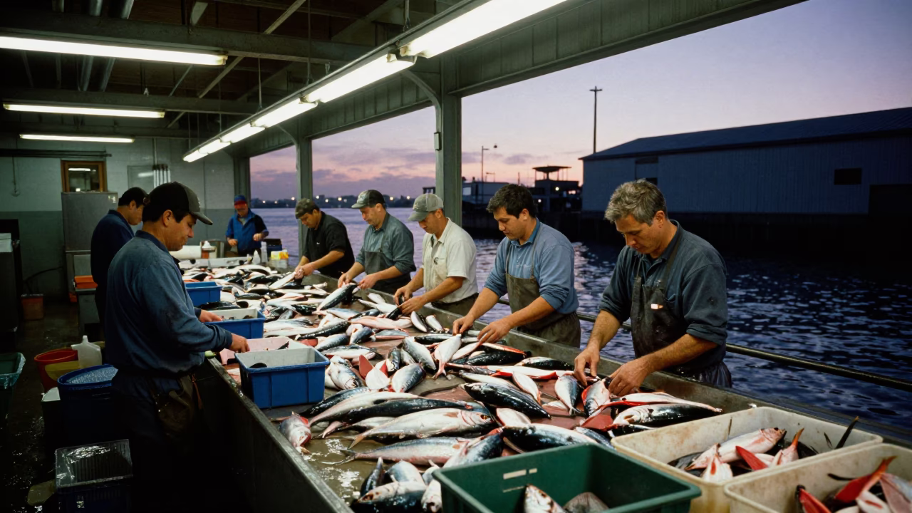 San Diego Harbor Fish Cannery Workers Sorting Catch Before Dawn in in San Diego, California, United States