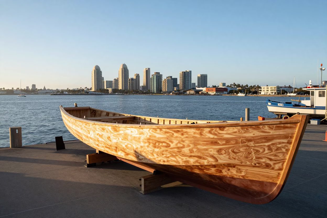 San Diego Harbor Late Afternoon Light Boat Builder Hull Planing and Racing Catamaran Heeling in in San Diego, California, United States