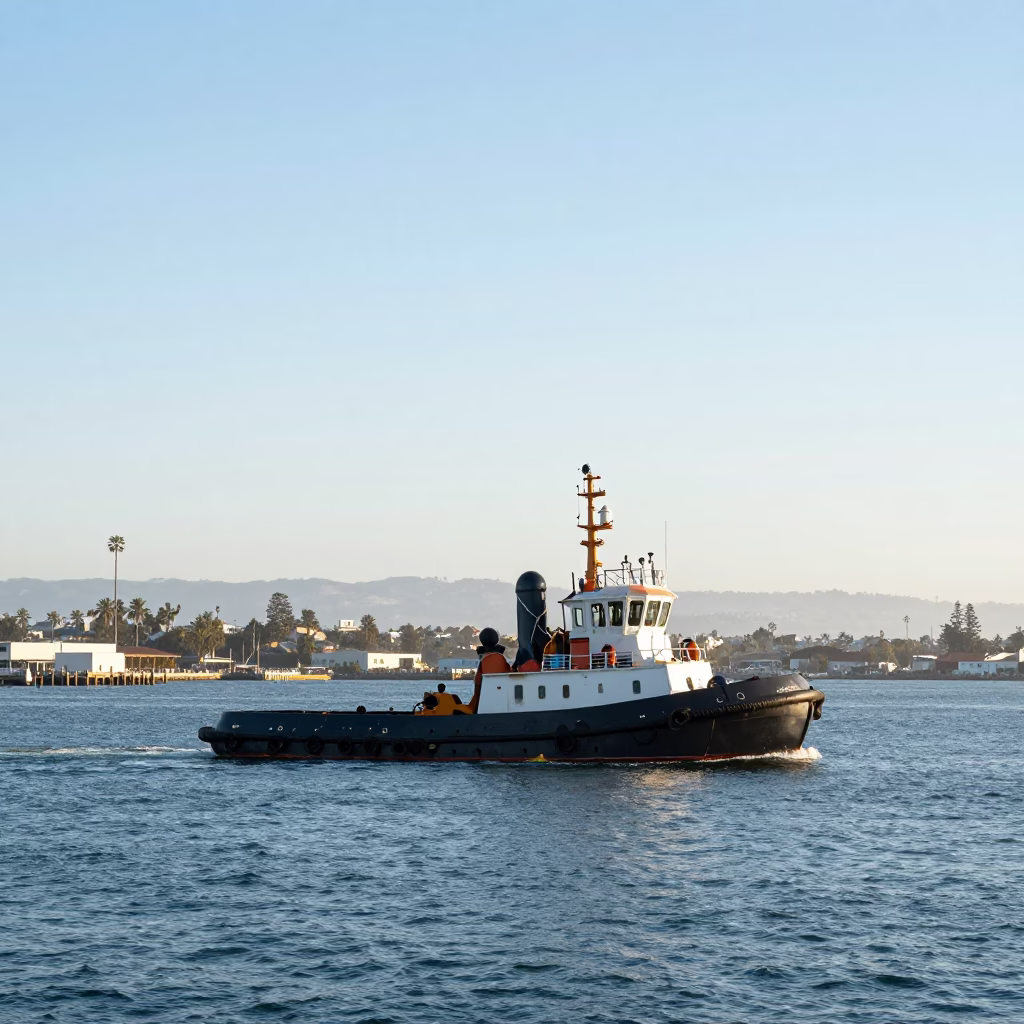 San Diego Harbor Late Morning View with Tugboat and Coastal Architecture in in San Diego, California, United States