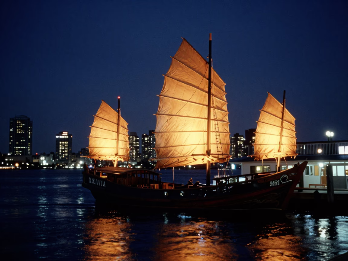 San Diego Harbor Night Scene with Chinese Junk Boat and City Lights in in San Diego, California, United States