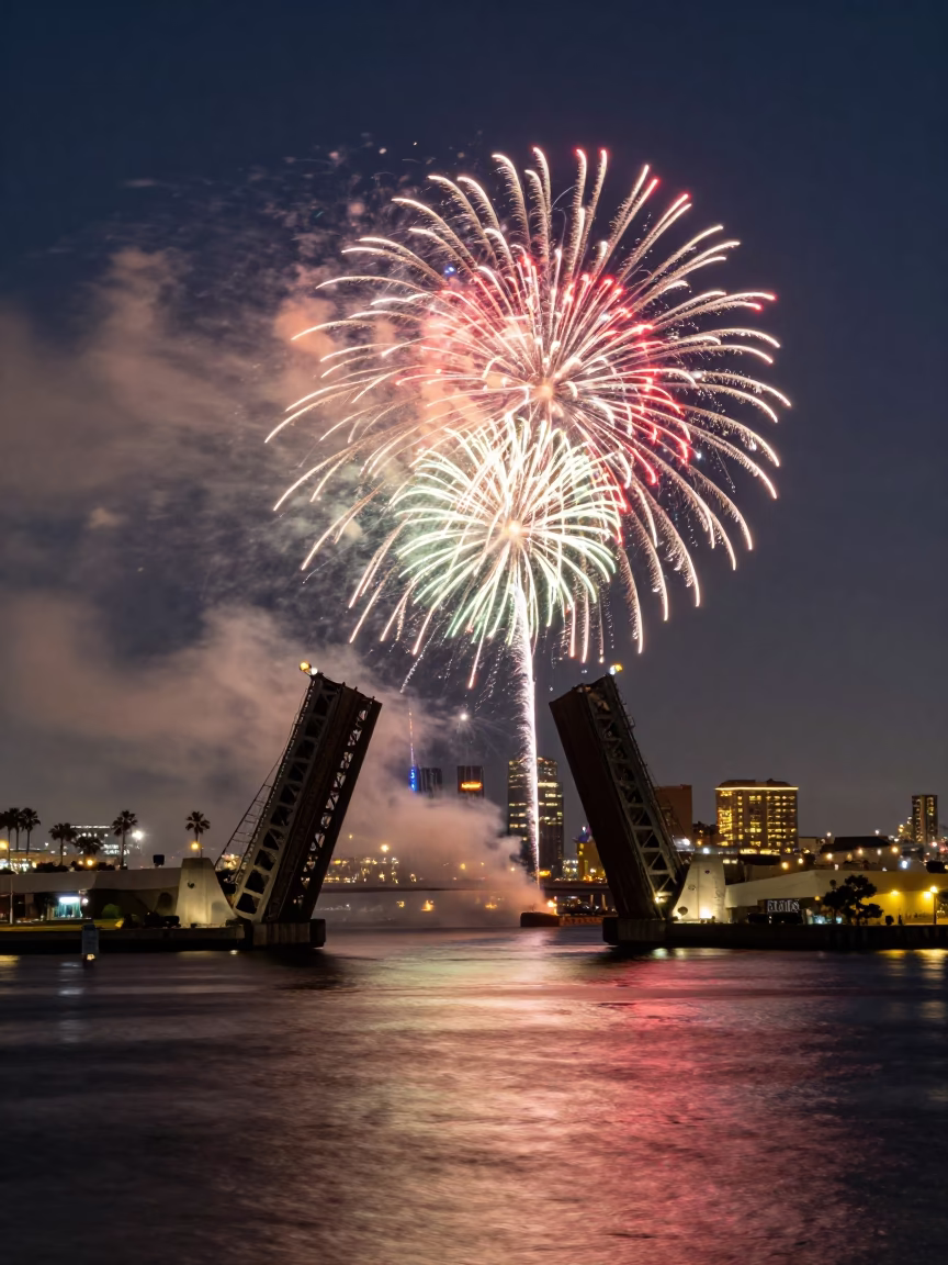 San Diego Harbor Night Scene with Drawbridge and Fireworks in in San Diego, California, United States