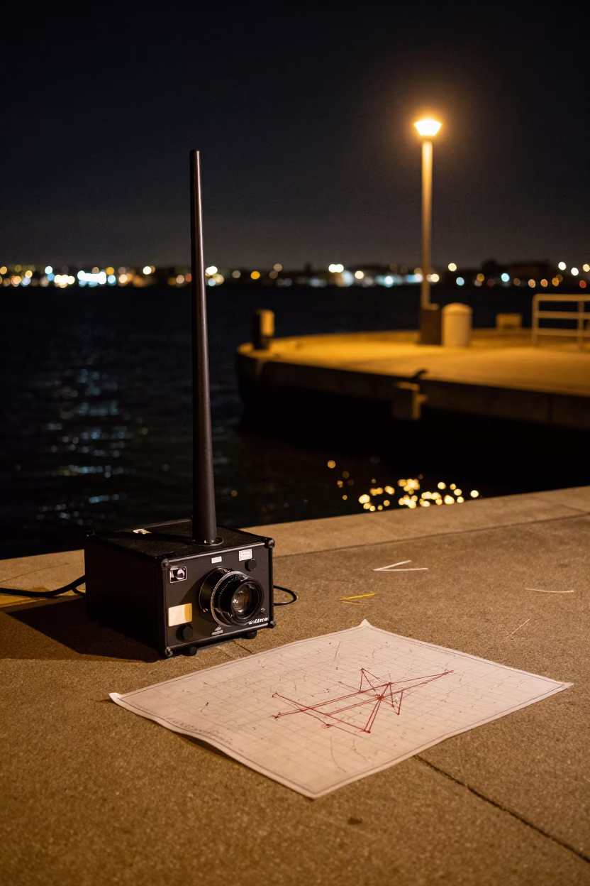 San Diego Harbor Night Scene With Hydrophone Equipment And Chart Table Under Streetlights in in San Diego, California, United States