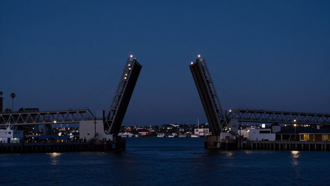 San Diego Harbor Predawn Maritime Scene with Lifting Drawbridge and Dark Water in in San Diego, California, United States