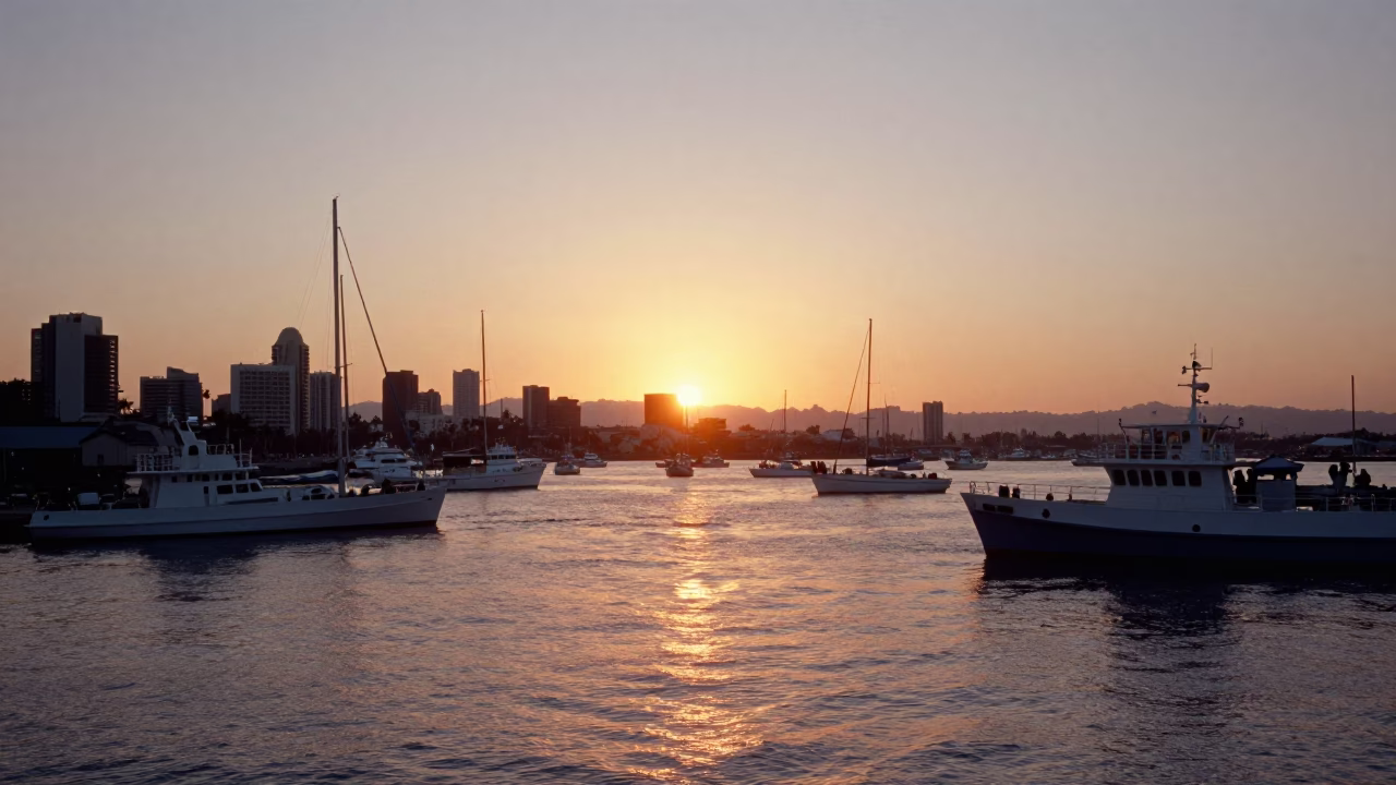 San Diego Harbor Scene at As The Sun Drops Toward The Horizon in in San Diego, California, United States