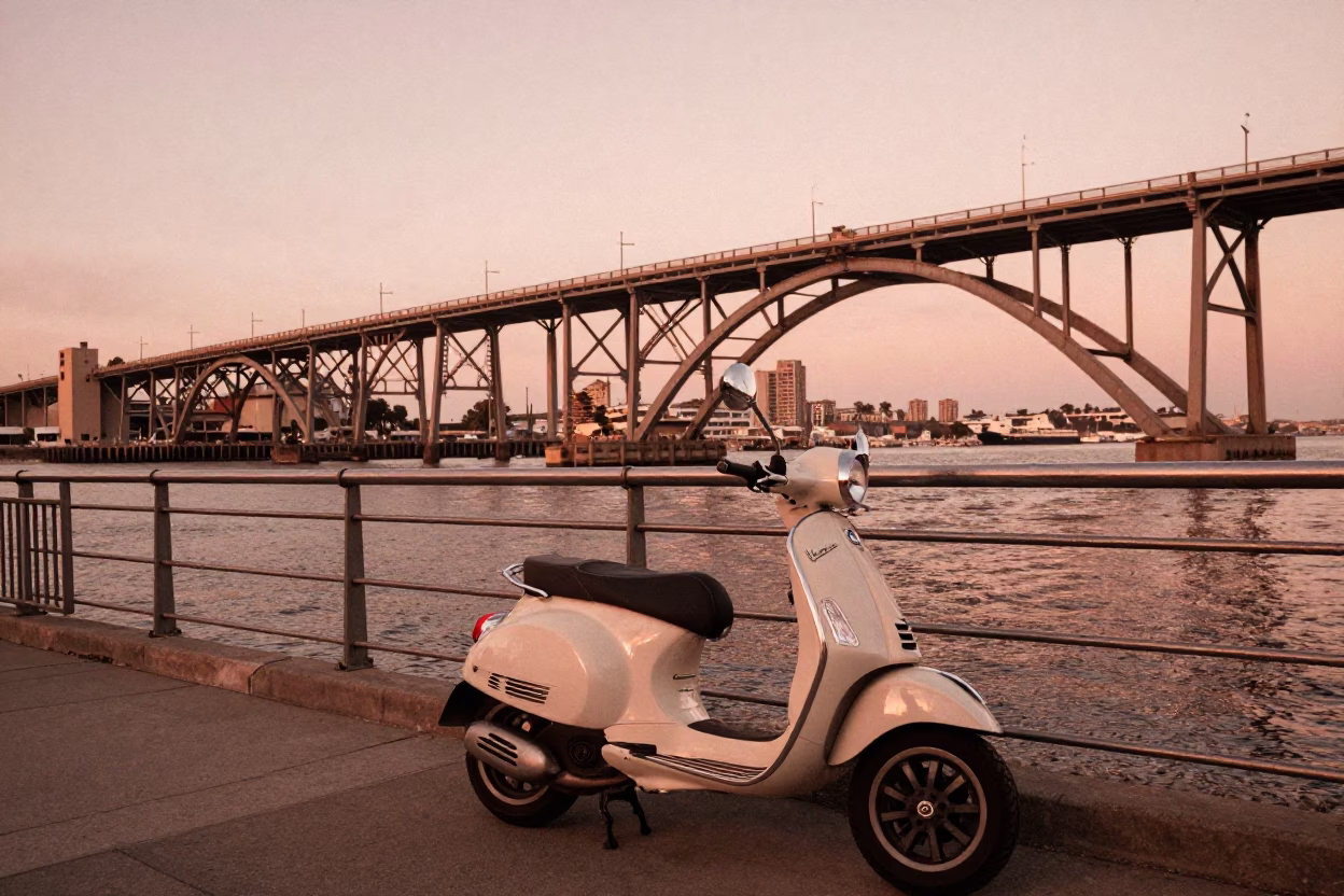 San Diego Harbor Sunset with Vintage Vespa and Steel Viaduct Undercroft Reflections in in San Diego, California, United States