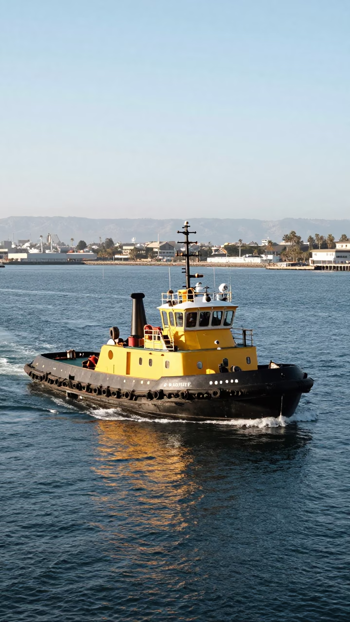 San Diego Harbor Tugboat Navigating Busy Waterways Under Late Morning Sunlight in in San Diego, California, United States