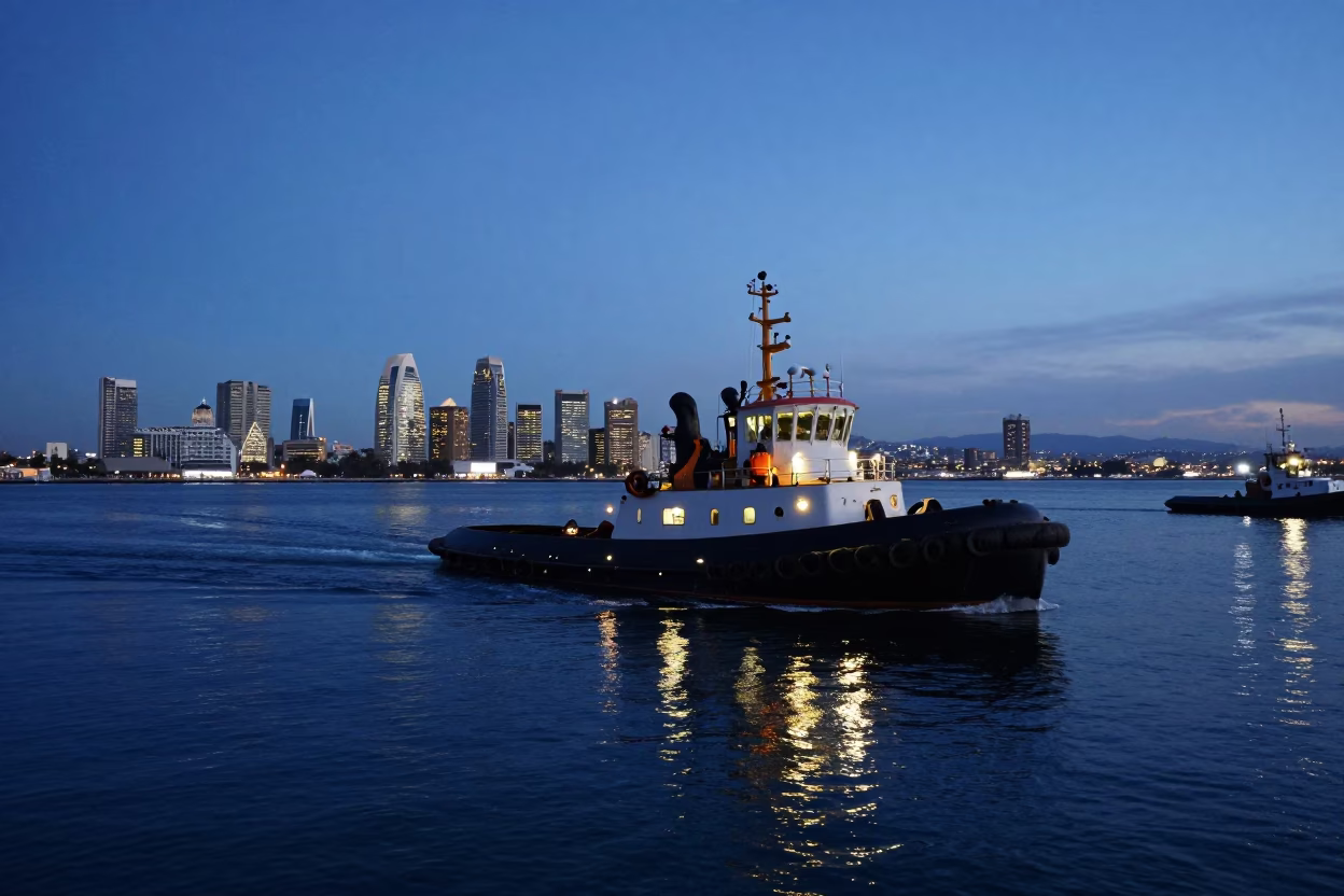 San Diego Harbor Twilight Scene with Tugboat and City Lights in in San Diego, California, United States