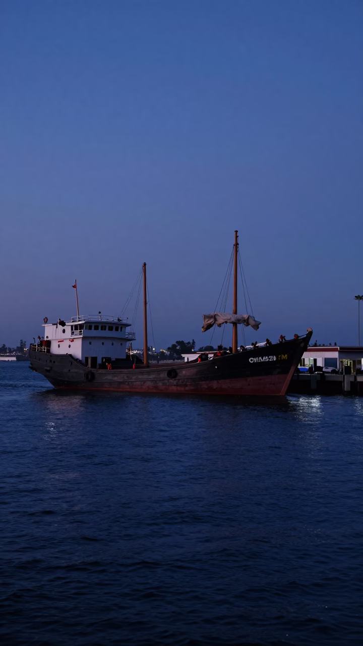 San Diego Indigo Twilight Harbor Scene with Chinese Junk Battened Sails and Urban Coastline in in San Diego, California, United States