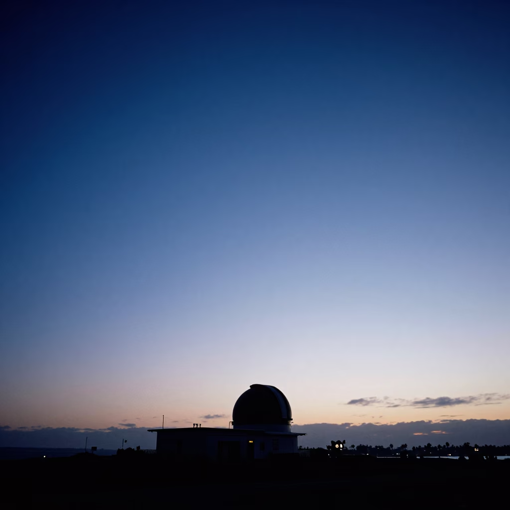 San Diego indigo twilight horizon shot with marine science station and fruit vendor in in San Diego, California, United States