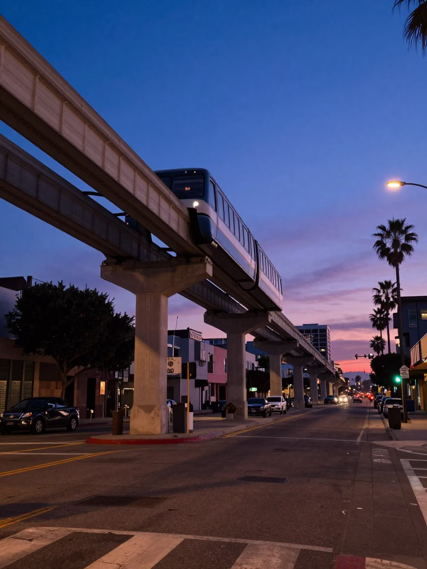 San Diego indigo twilight street scene with monorail overhead and basketball details in in San Diego, California, United States