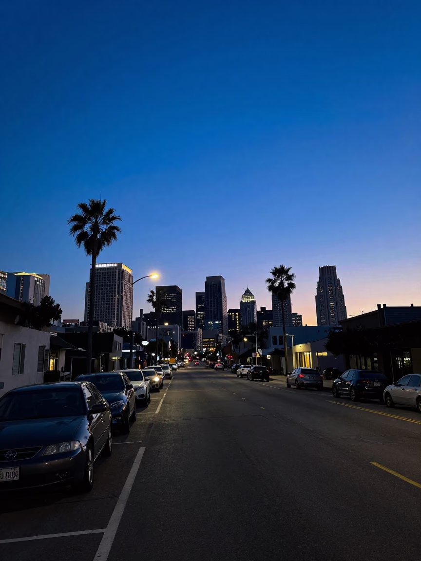 San Diego indigo twilight street scene with parked cars and distant city lights in in San Diego, California, United States