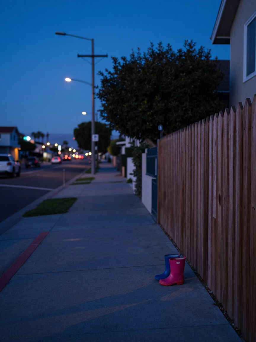San Diego Indigo Twilight Street Scene with Preschool Rain Boot Tray and Local Life in in San Diego, California, United States