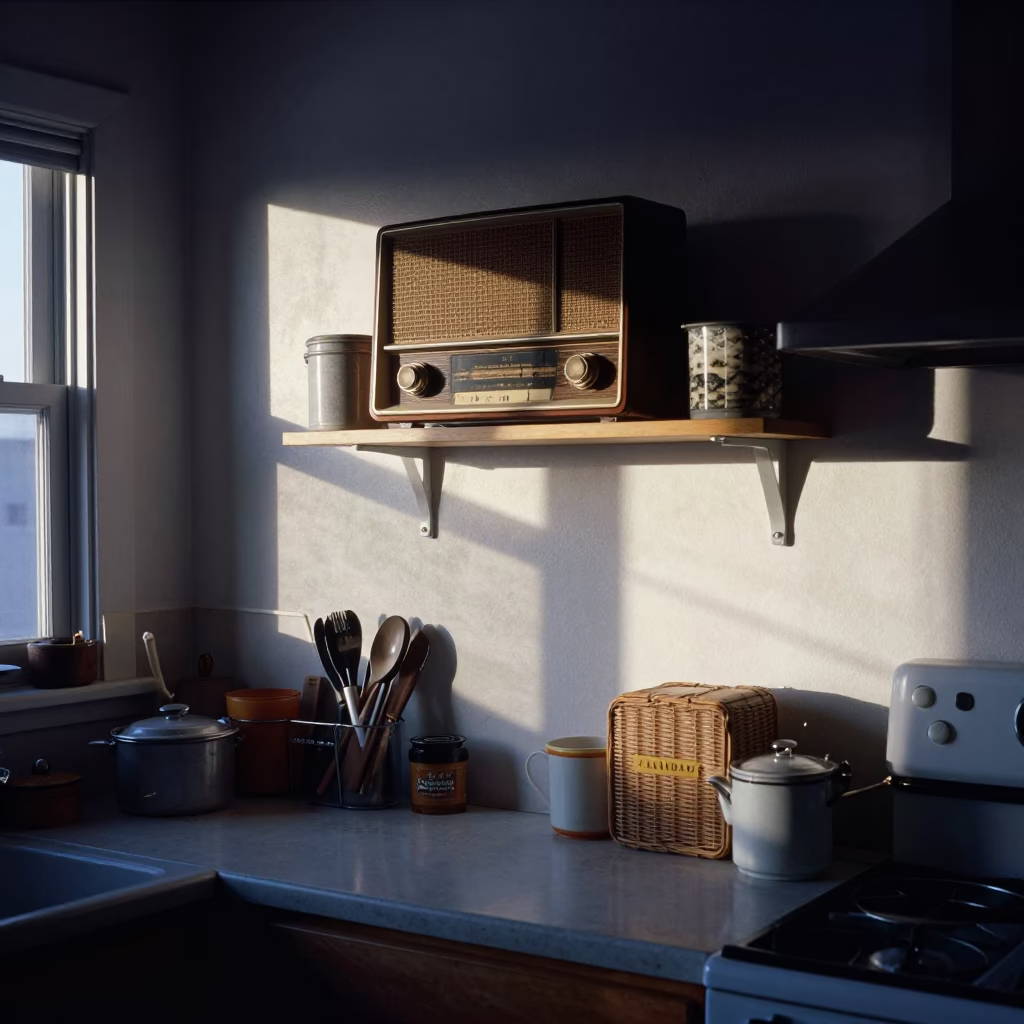 San Diego Kitchen Before Sunrise with Sunlight Stripes and Vintage Radio in in San Diego, California, United States