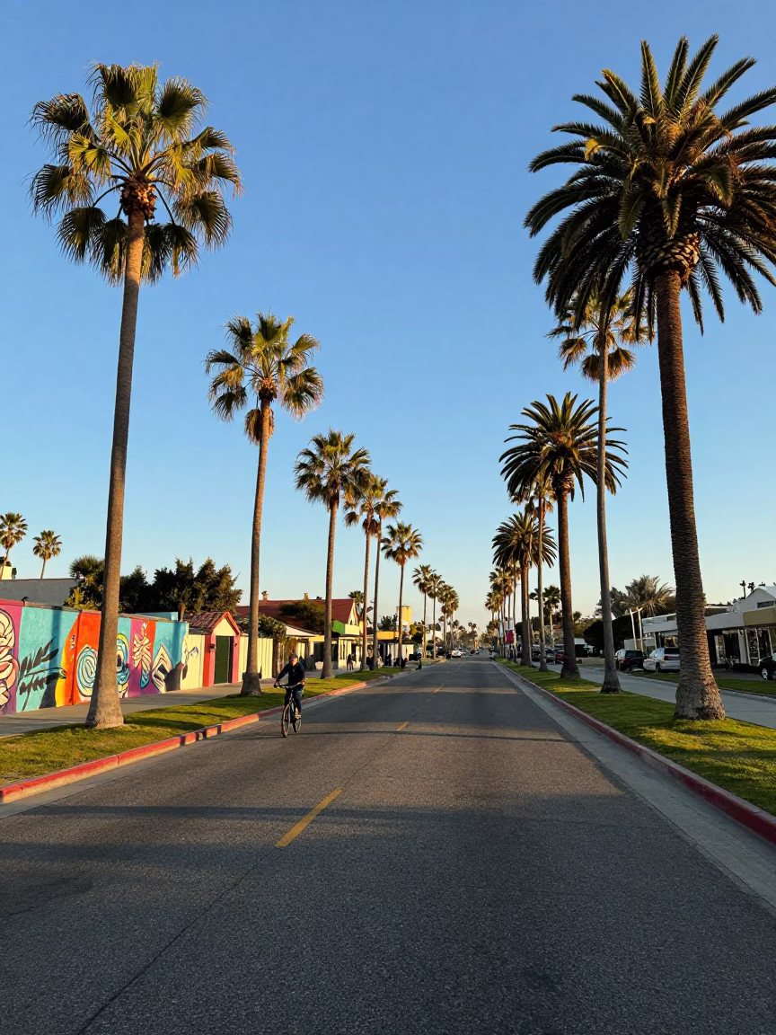 San Diego Late Afternoon Light Palm Tree Row Along Tropical Boulevard in in San Diego, California, United States
