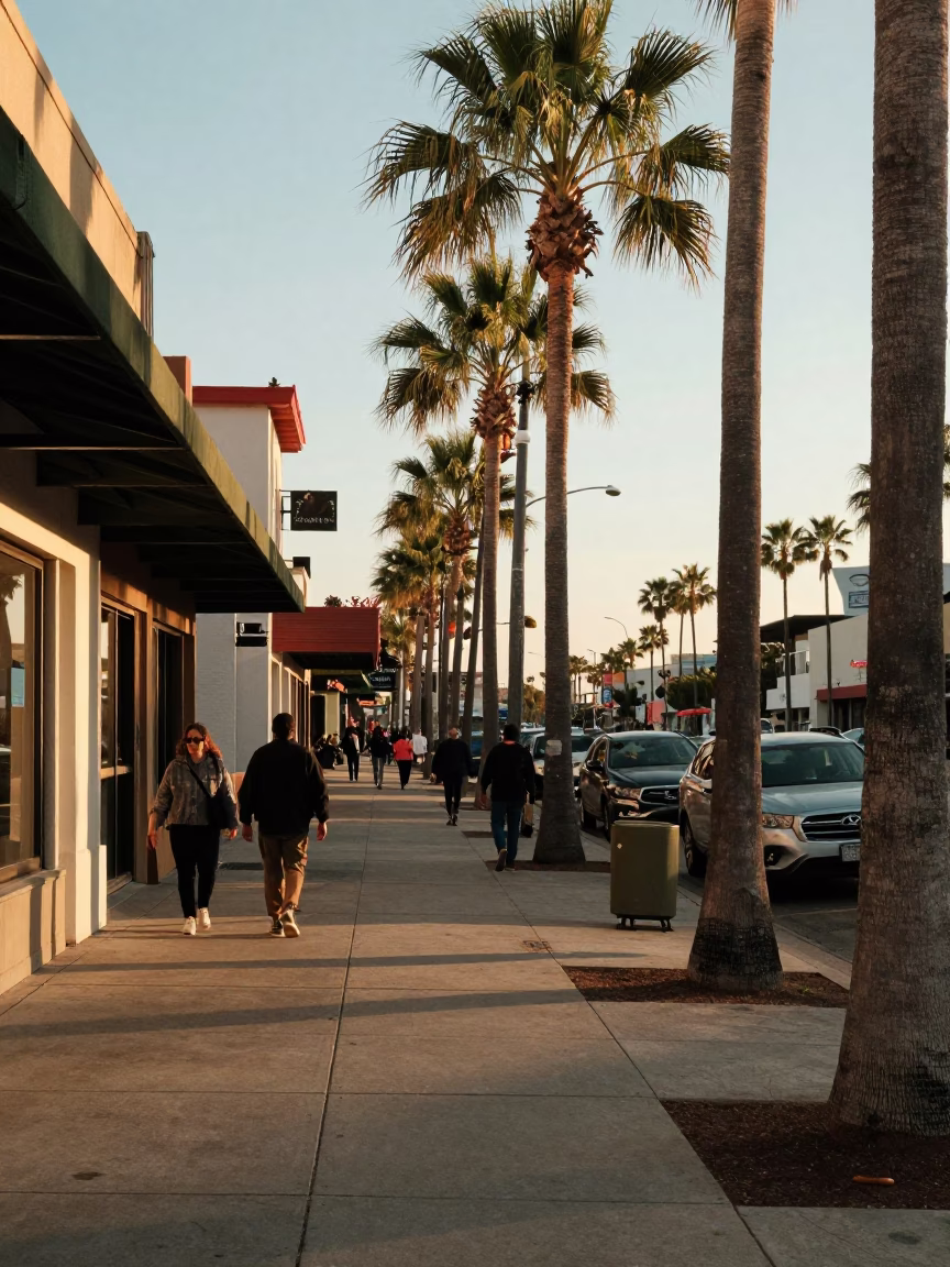 San Diego Late Afternoon Street Scene with Colorful Details and Urban Life in in San Diego, California, United States