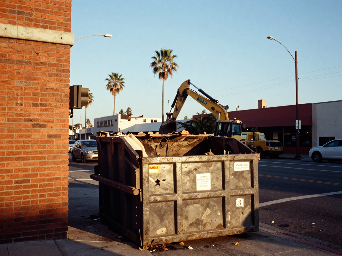 San Diego Late Afternoon Street Scene with Demolition Dumpster and Local Activity in in San Diego, California, United States