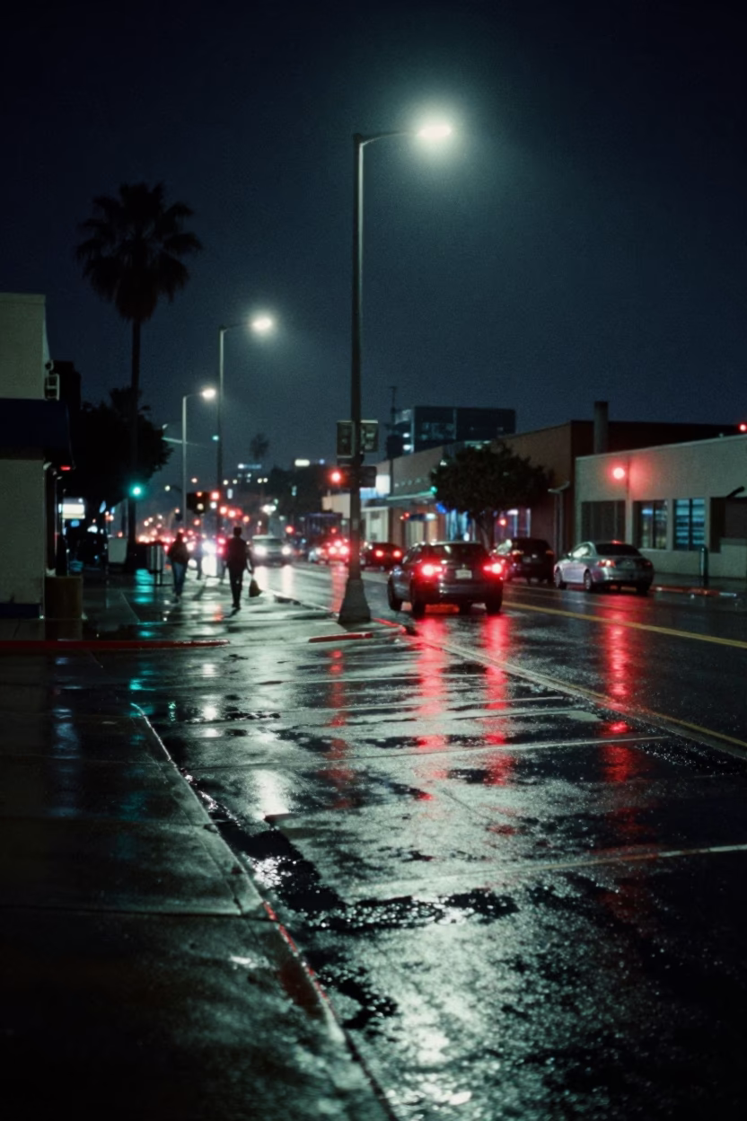 San Diego Midnight Street Scene With Neon Reflections And Urban Detail in in San Diego, California, United States