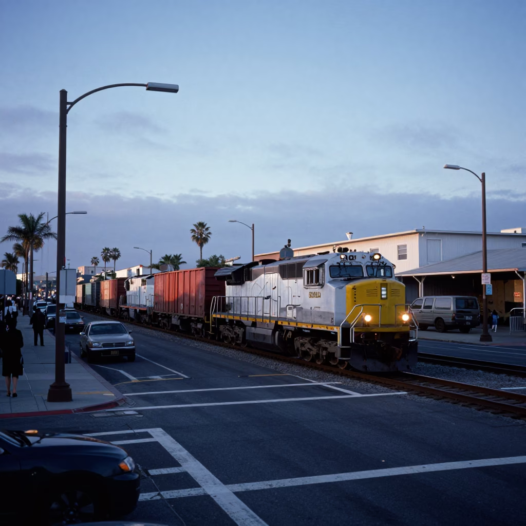 San Diego Nautical Dawn Street Scene with Freight Train and Local Commerce in in San Diego, California, United States