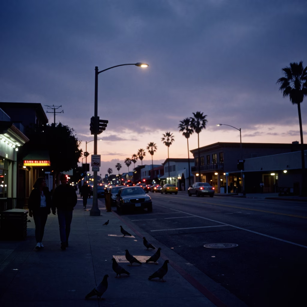 San Diego Nautical Dawn Street Scene with Pigeons and Urban Details in in San Diego, California, United States