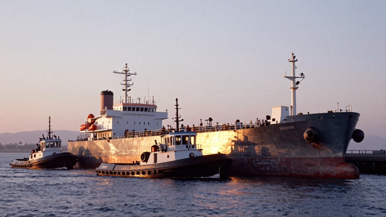 San Diego Nautical Dawn Tugboat Fleet Guiding Tanker with Brushed Steel Details in in San Diego, California, United States