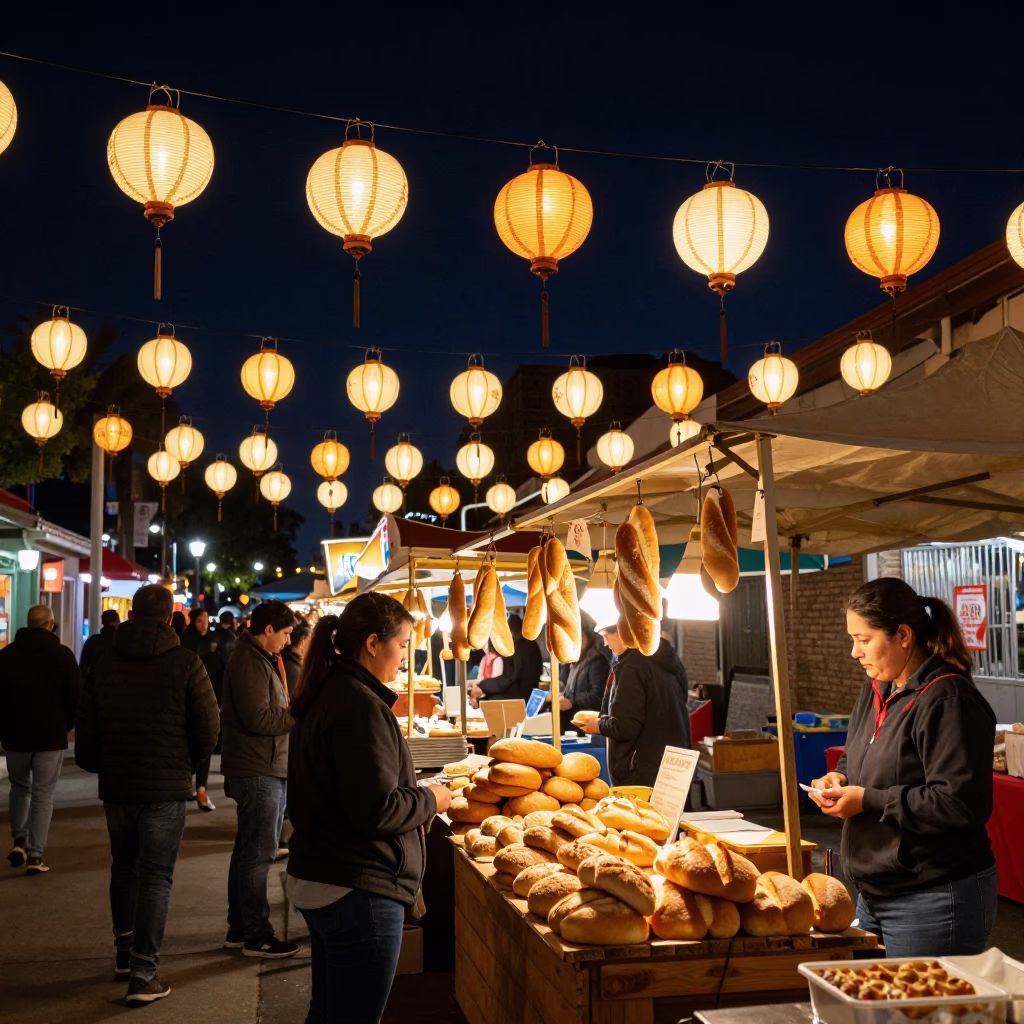 San Diego Night Market with Hanging Lanterns and Bread Loaves at Deep Night in in San Diego, California, United States
