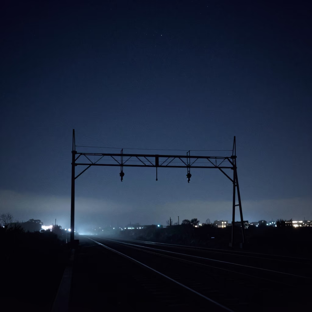 San Diego Night Sky Above Signal Gantry and Parallel Rail Lines in Mist in in San Diego, California, United States