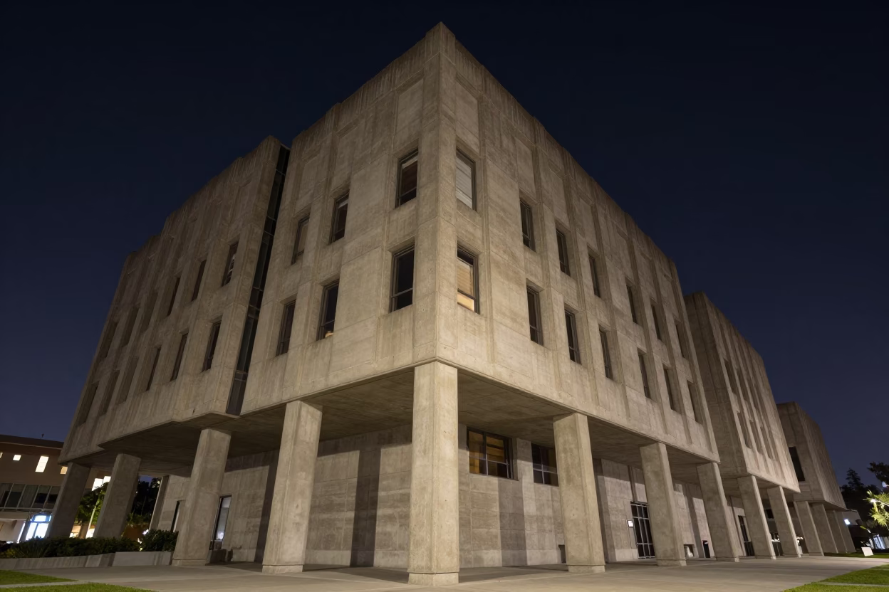 San Diego Night Sky Concrete Brutalist University Building Under Deep Night in in San Diego, California, United States
