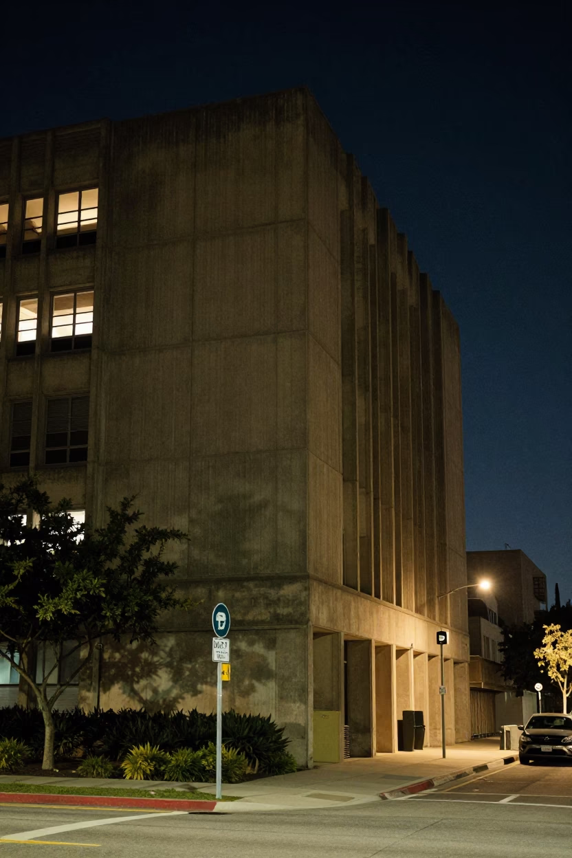 San Diego Night Street Scene With Concrete Brutalist Building And Streetlamp in in San Diego, California, United States