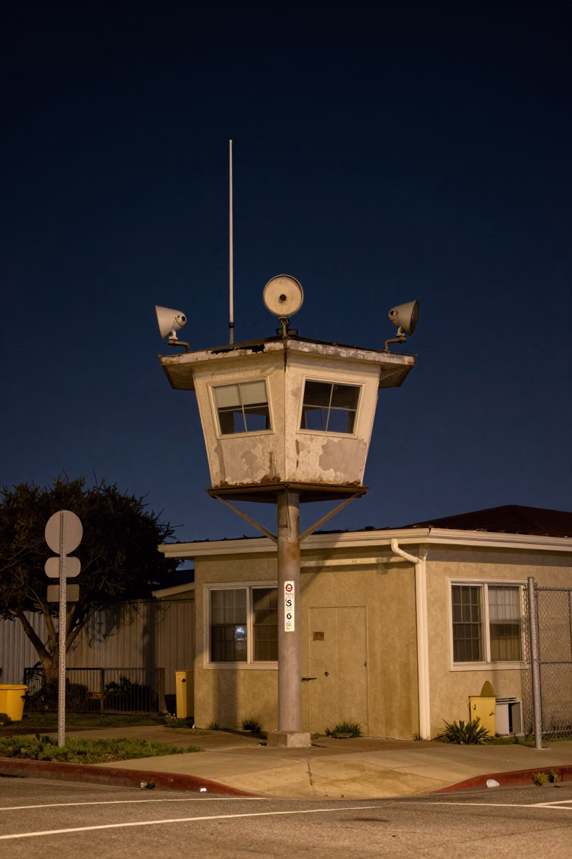 San Diego Night Street Scene with Crumbling Weather Station and Origami Paper Set in in San Diego, California, United States