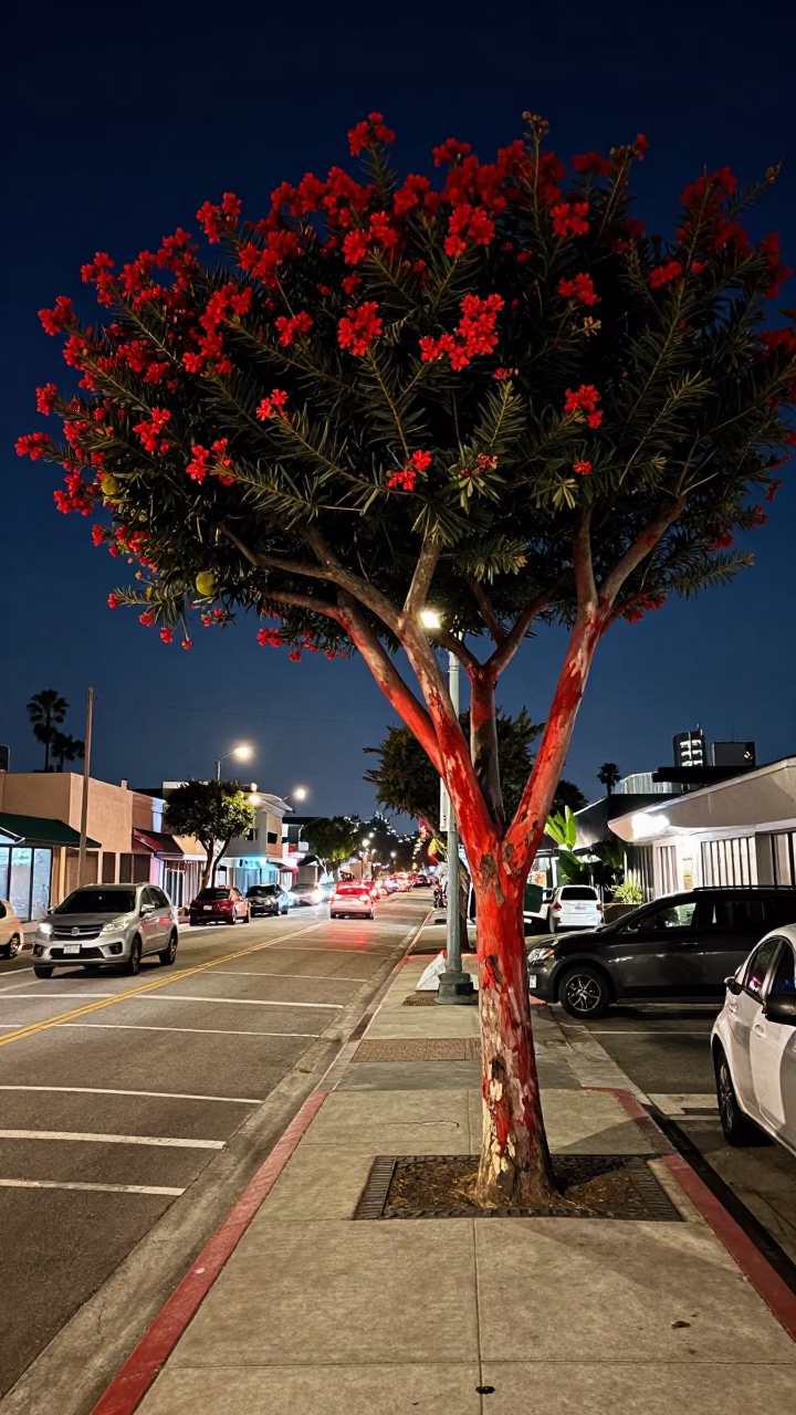San Diego Night Street Scene with Madrone Tree and Urban Lighting in in San Diego, California, United States