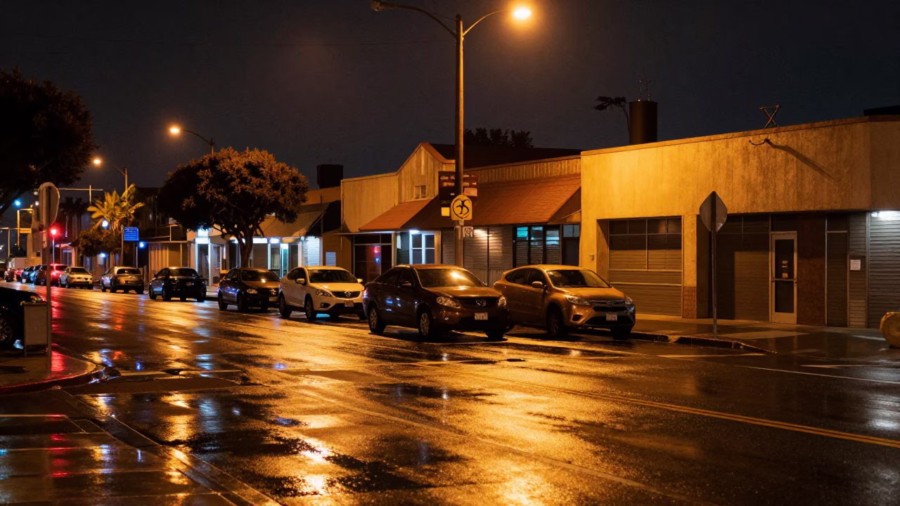 San Diego Night Street Scene with Neon Reflections and Parked Cars in in San Diego, California, United States