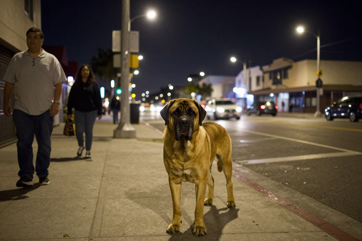 San Diego Nightlife Street Scene with Mastiff and Urban Details in in San Diego, California, United States