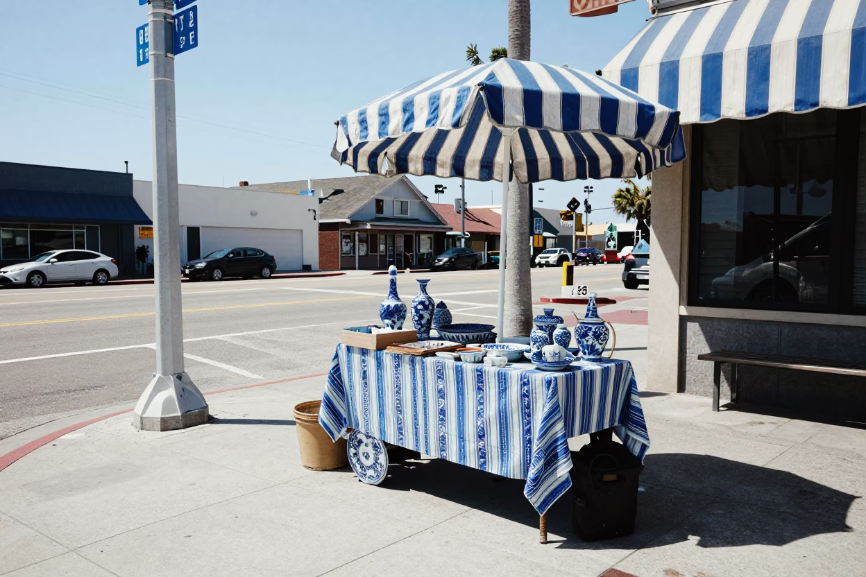 San Diego Noon Street Scene with Blue Porcelain and Striped Fabric in in San Diego, California, United States