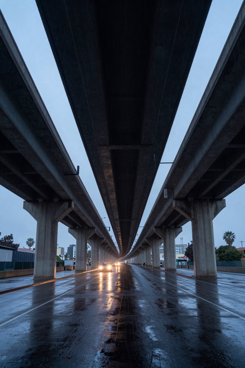 San Diego Overpass Interchange Glowing with Taillights After Rain Before Sunrise in in San Diego, California, United States