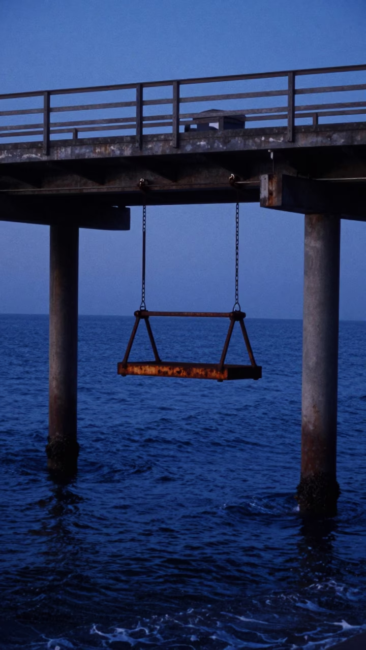 San Diego Pacific Beach Pier Maintenance Cradle Hanging Over Dark Ocean Water Before Dawn in in San Diego, California, United States