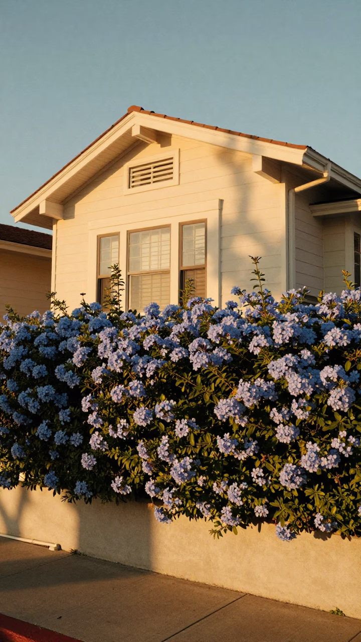 San Diego Plumbago Hedge in Honeyed Evening Light with Vintage Window Box and Magazines in in San Diego, California, United States
