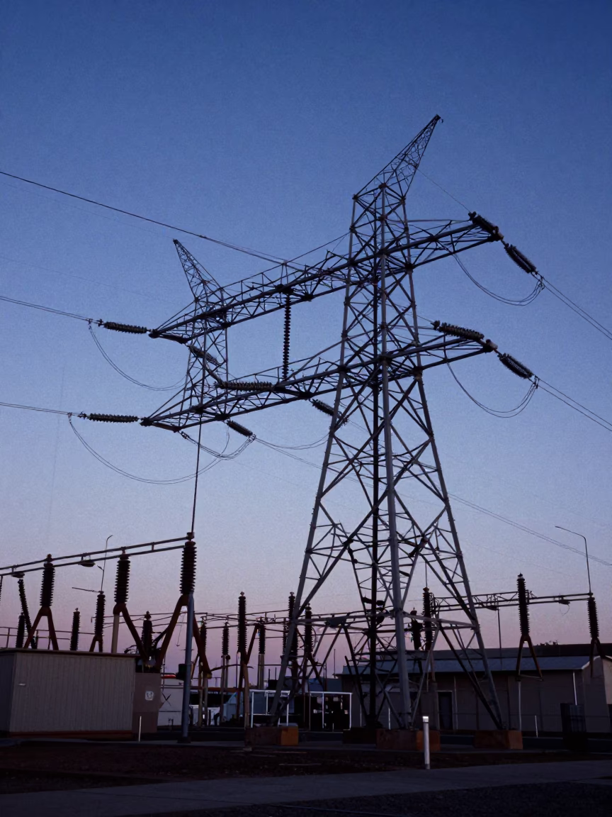 San Diego Power Substation Lattice Under Cobalt Twilight Sky Before Dawn in in San Diego, California, United States