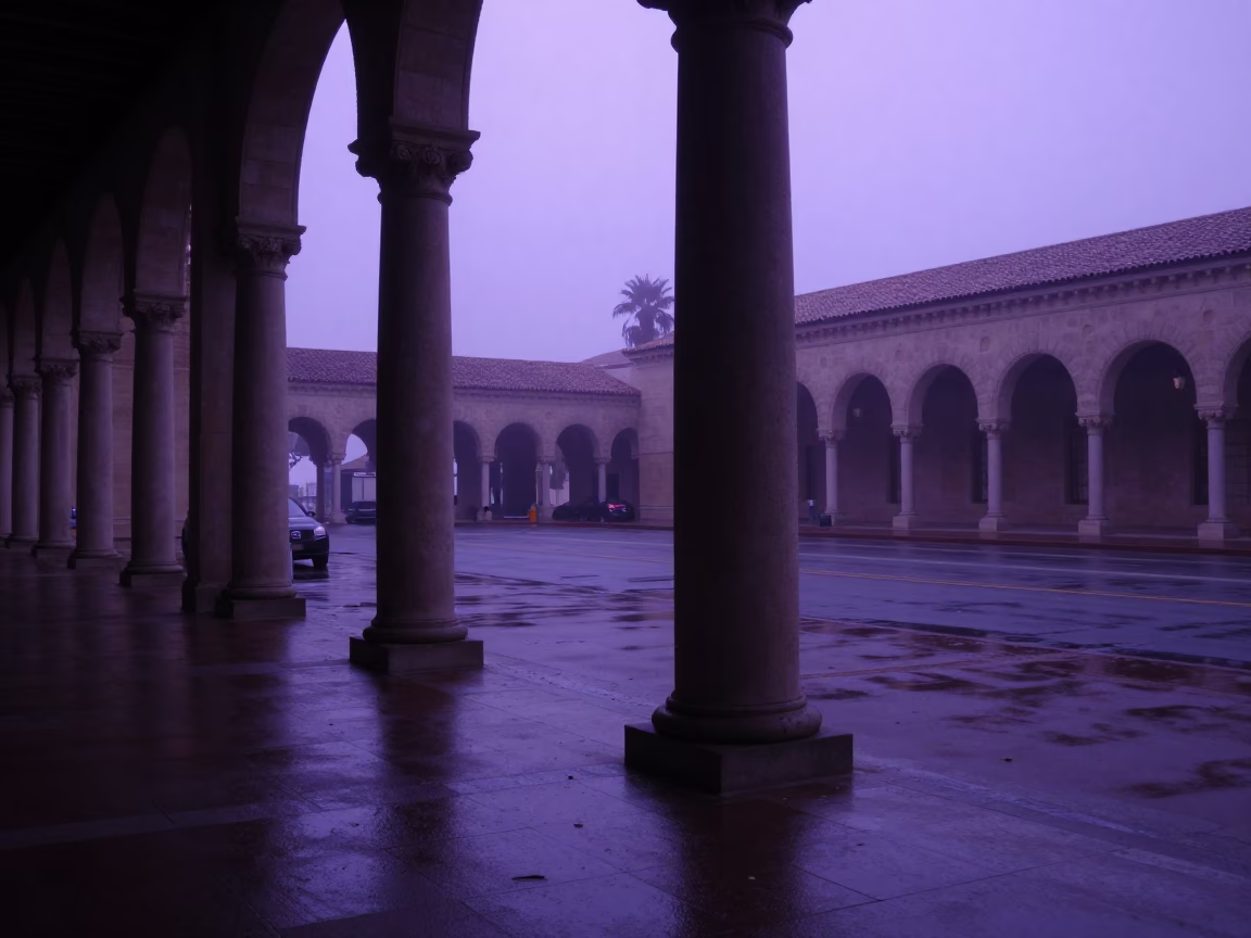 San Diego Pre-Dawn Street Scene with University Arcade Columns and Wet Leaves in in San Diego, California, United States