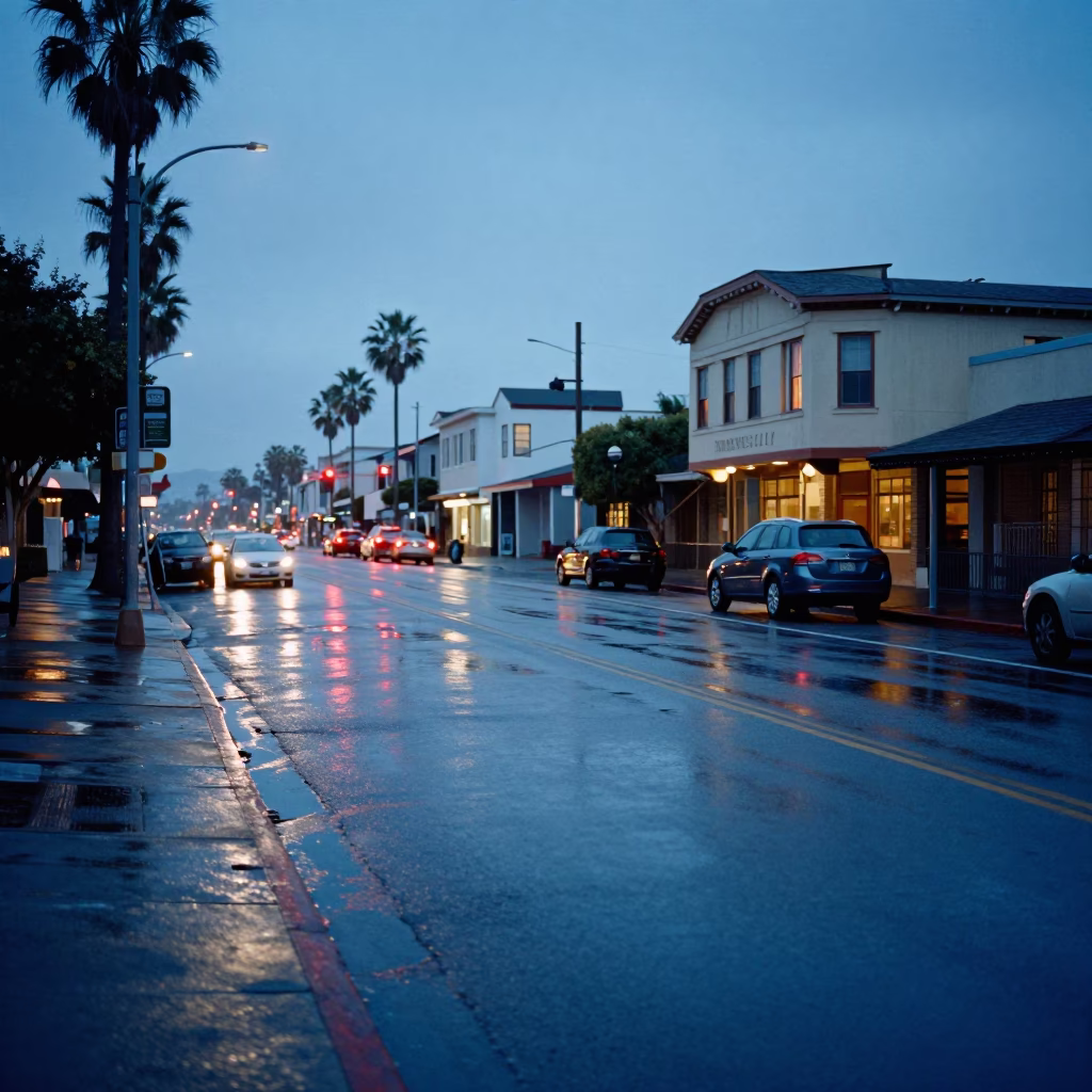 San Diego Pre-Dawn Street Scene with Wet Asphalt and Vintage 1960s Aesthetic in in San Diego, California, United States