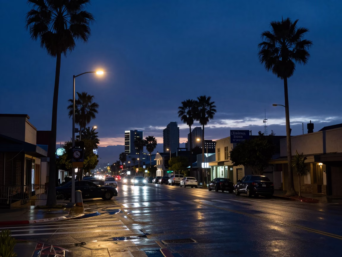 San Diego Predawn Street Scene with Wet Pavement and City Lights in in San Diego, California, United States