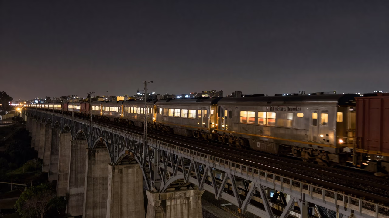 San Diego Railway Viaduct at Night with Passing Train and Urban Infrastructure in in San Diego, California, United States