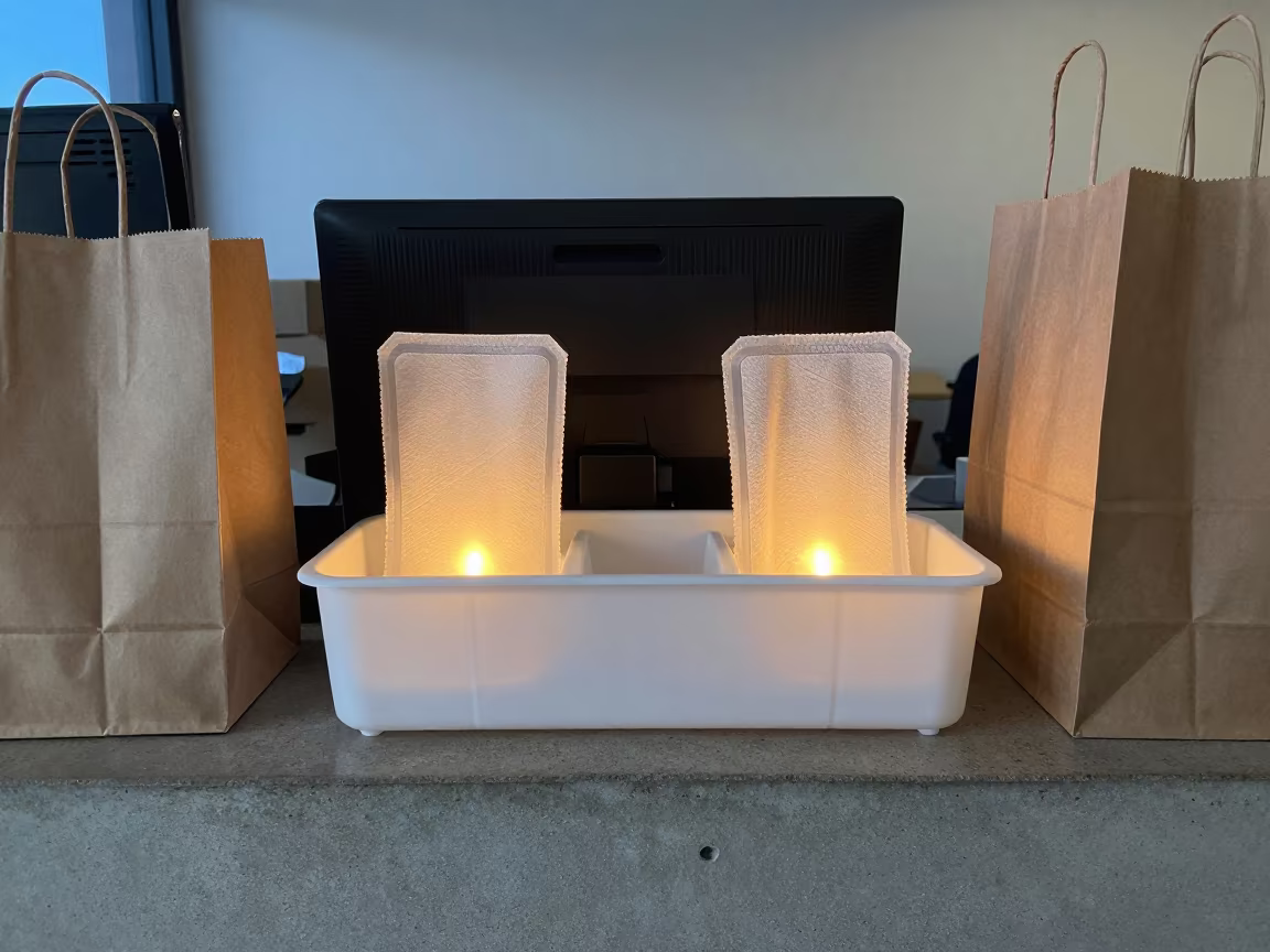 San Diego Retail Wipe Caddy Evening Glow in at a cash wrap counter with bags stacked nearby in San Diego