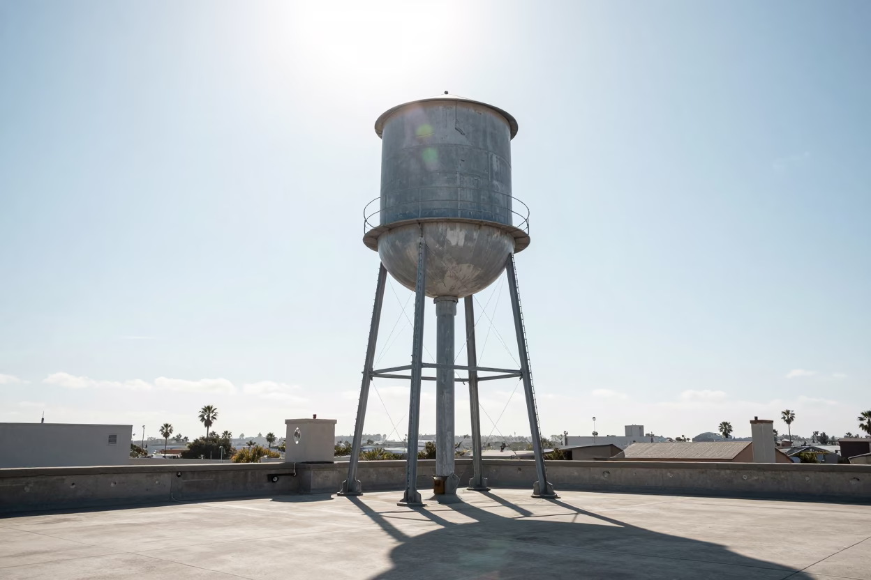 San Diego Rooftop Water Tower Under Flat Noon Glare in California in in San Diego, California, United States