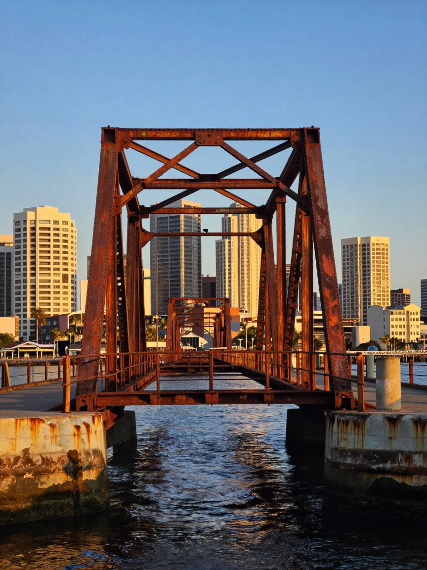 San Diego Rusted Drawbridge at Sunset Light in in San Diego, California, United States